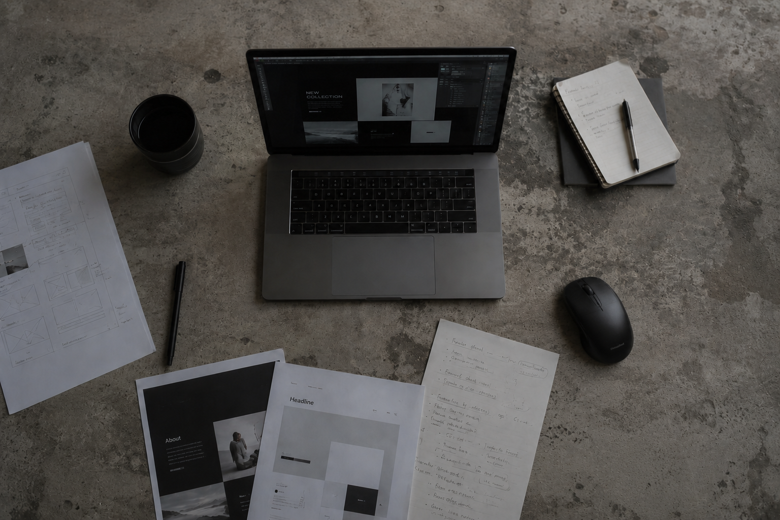 Arbejdsbord med laptop og håndtegnede noter